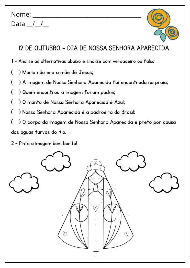 Atividade para o Dia de Nossa Senhora Aparecida com Pintura e Verdadeiro ou Falso para Imprimir