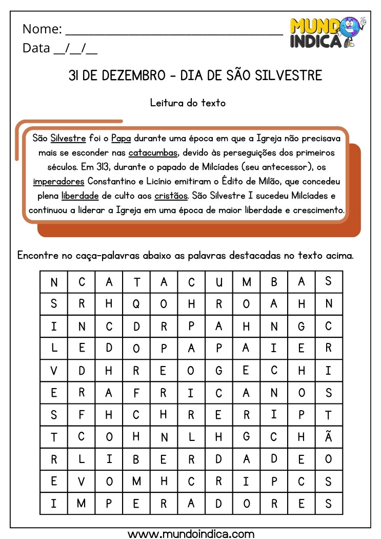 Atividade para o Dia de São Silvestre com Caça-Palavras para Imprimir