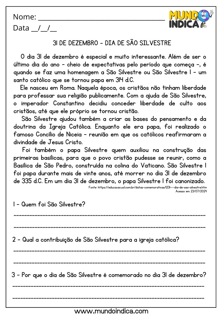 Atividade para o Dia de São Silvestre com Interpretação de Texto para Imprimir