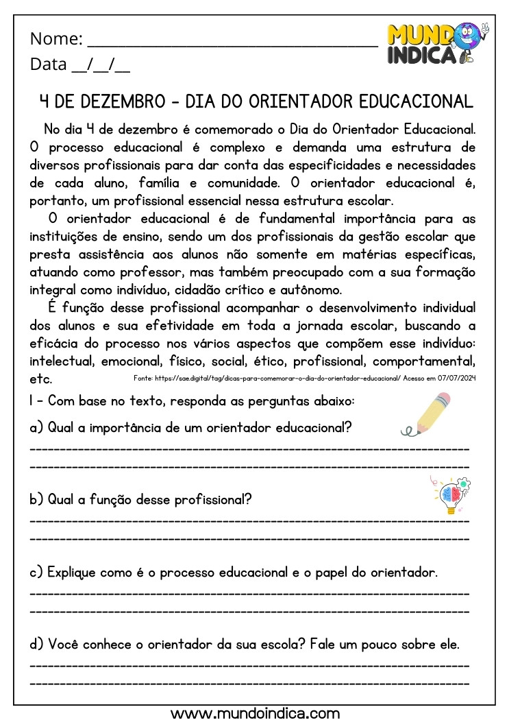 Atividade para o Dia do Orientador Educacional com Interpretação de Texto para Imprimir