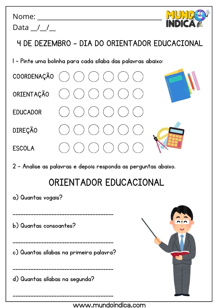 Atividade para o Dia do Orientador Educacional com Sílabas, Vogais e Consoantes para Imprimir