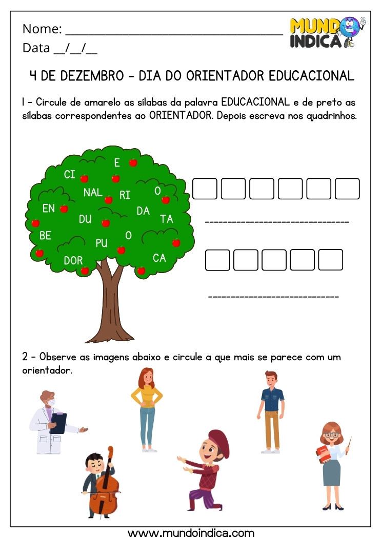 Atividade para o Dia do Orientador Educacional com Sílabas na Árvore e Percepção Visual para Imprimir