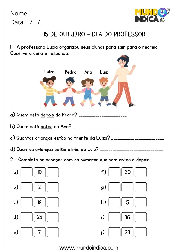 Atividade para o Dia do Professor com Antes, Depois, Frente e Atrás para Imprimir