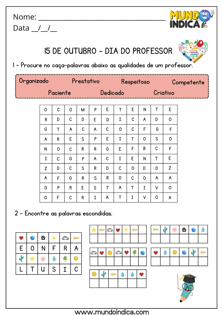 Atividade para o Dia do Professor com Caça-Palavras e Enigmas para Imprimir