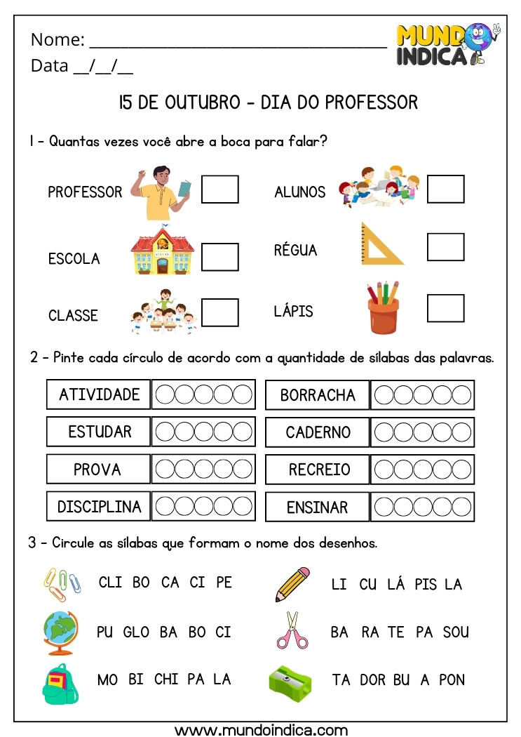 Atividade para o Dia do Professor com Consciência Silábica para Imprimir