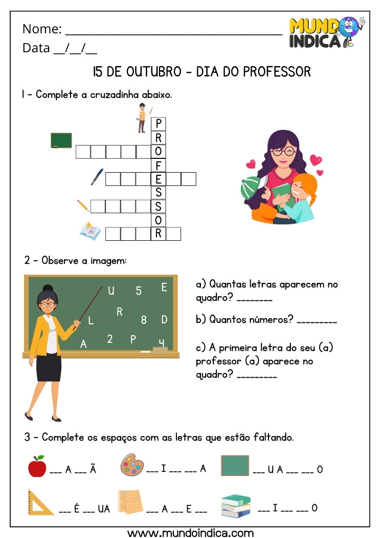 Atividade para o Dia do Professor com Cruzadinha, Perguntas e Letras Faltosas para Imprimir