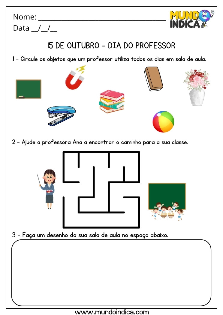 Atividade para o Dia do Professor com Percepção, Labirinto e Desenho para Imprimir