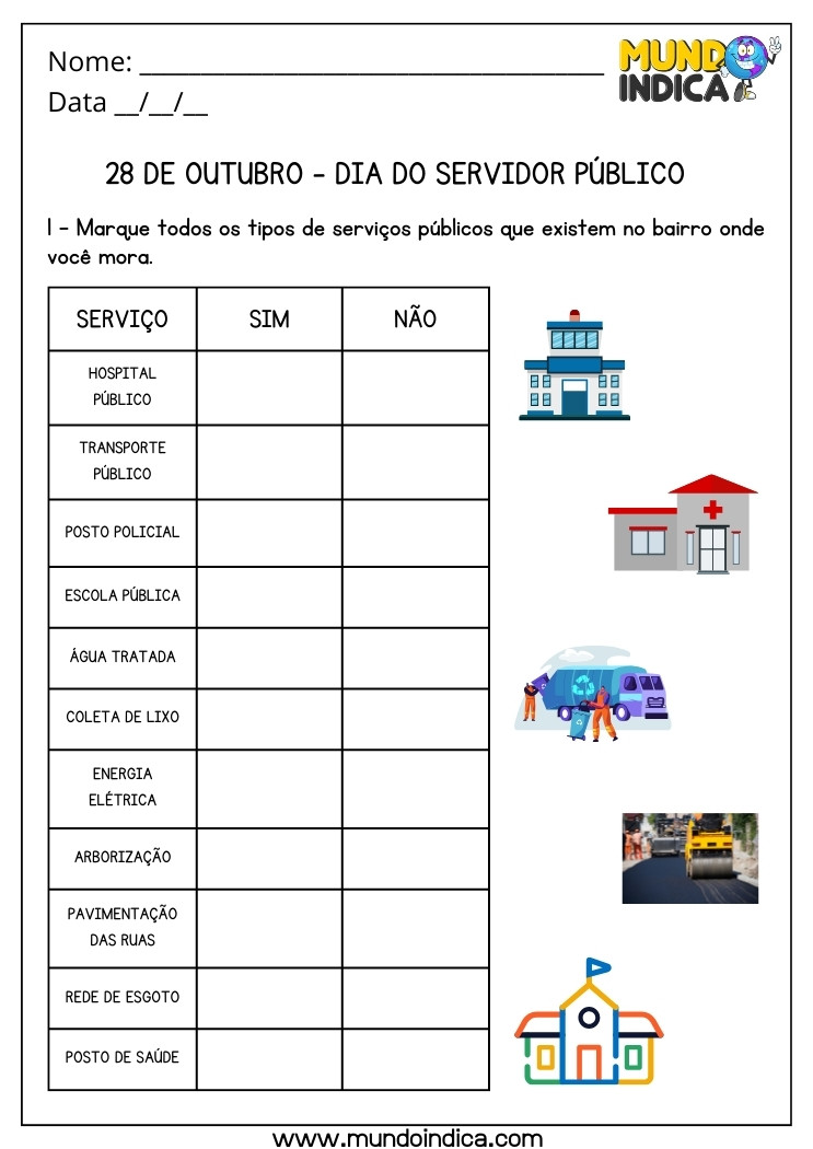 Atividade para o Dia do Servidor Público Para Marcar os Tipos de Serviços Públicos que Existem no Seu Bairro para Imprimir