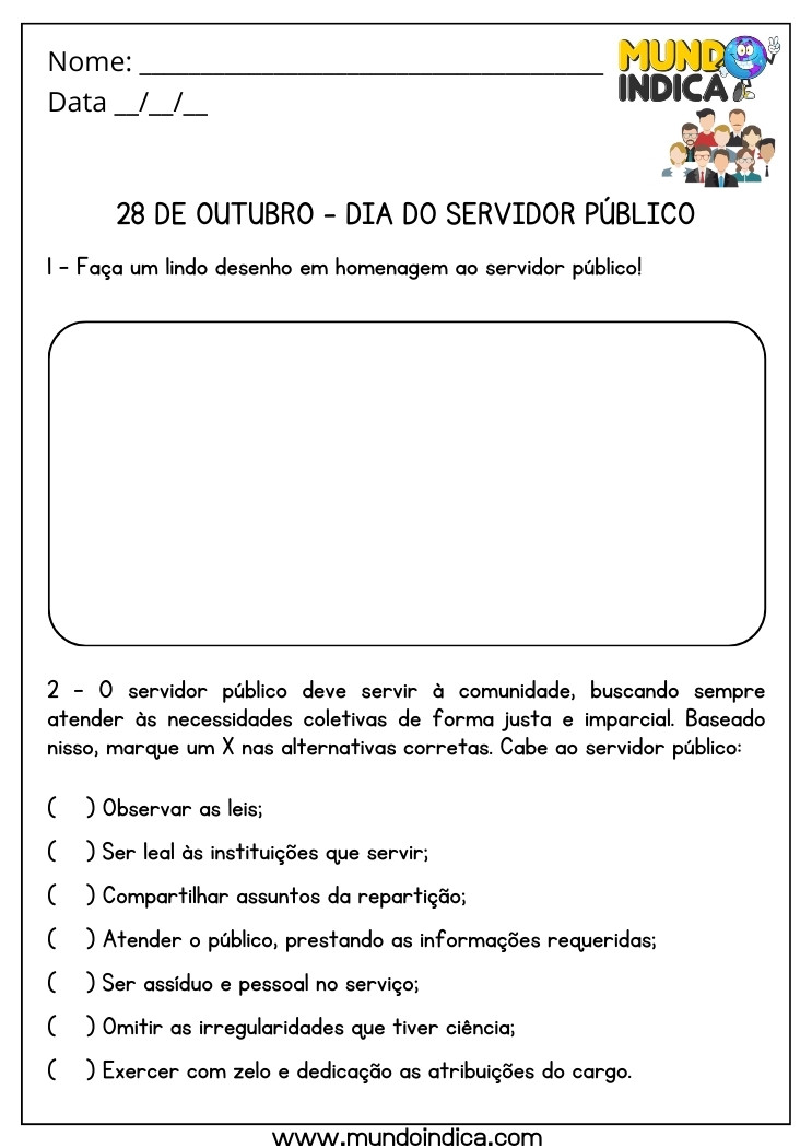 Atividade para o Dia do Servidor Público com Desenho e Perguntas para Imprimir