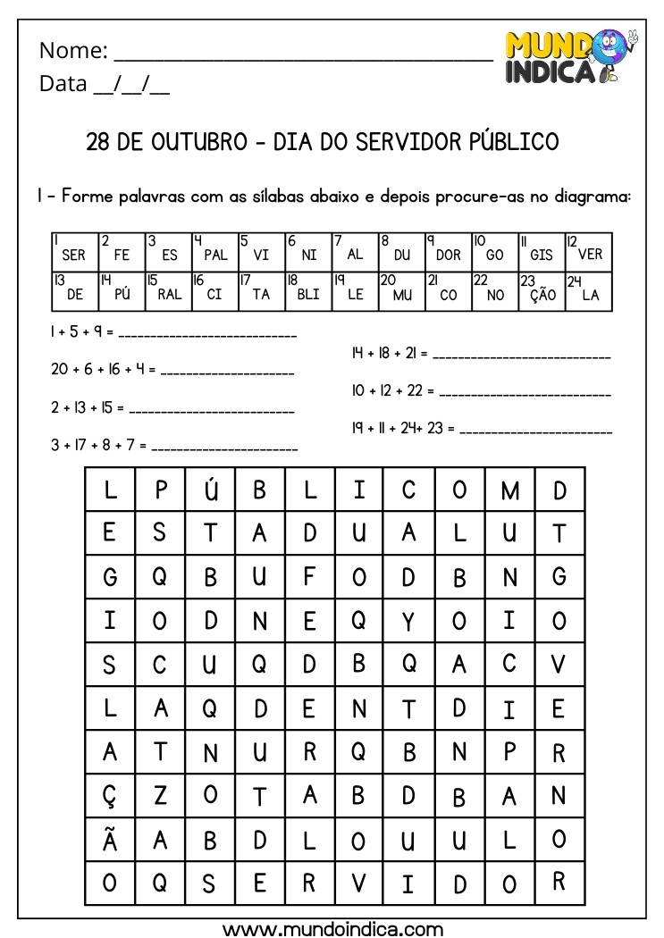 Atividade para o Dia do Servidor Público para Formar Palavras com a Soma das Sílabas e Caçar Palavras no Diagrama para Imprimir