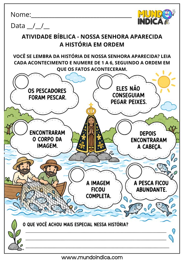 Atividade sobre a História de Nossa Senhora Aparecida para Imprimir
