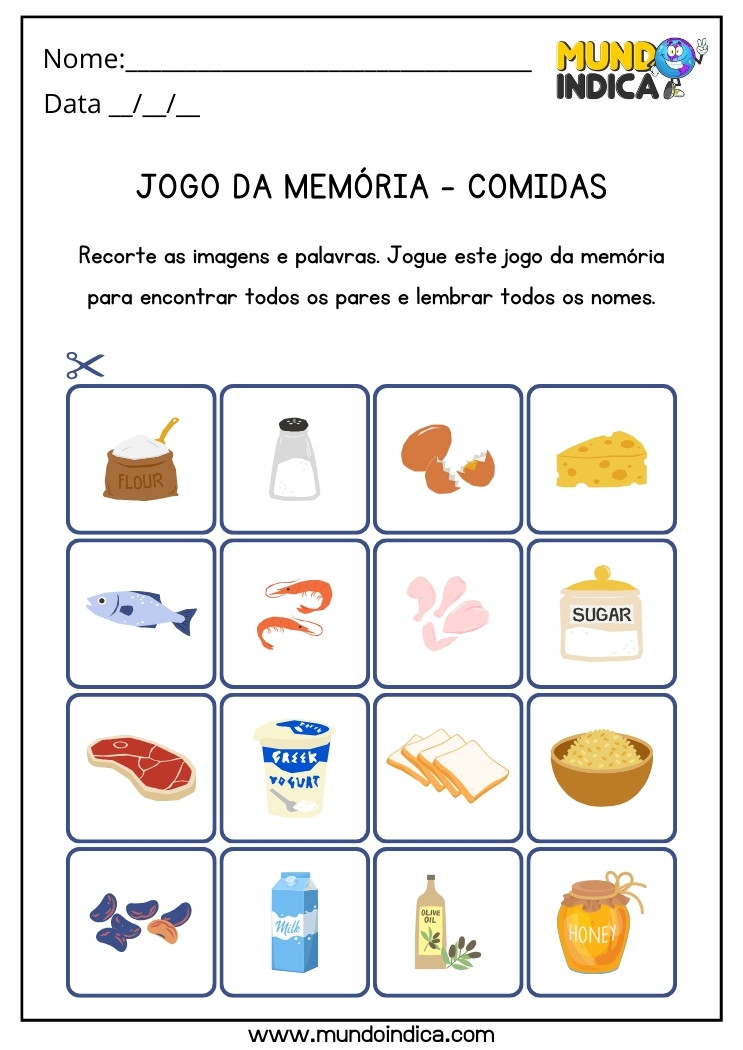 Jogo da Memória com Figuras de Comidas para Férias da Educação Infantil