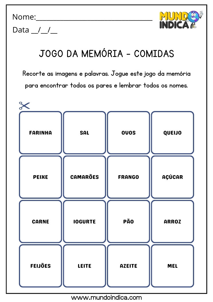 Jogo da Memória com Nomes de Comidas para Férias da Educação Infantil