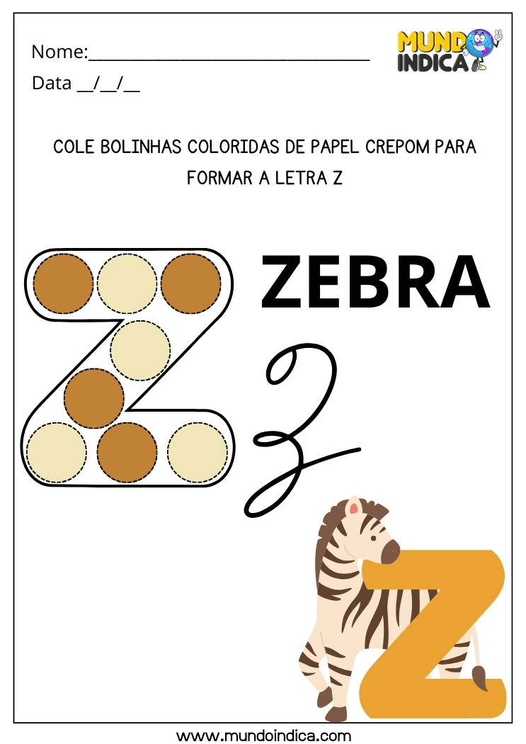 Atividade Lúdica Cole Bolinhas Coloridas de Papel Crepom para Formar a Letra Z de zebra