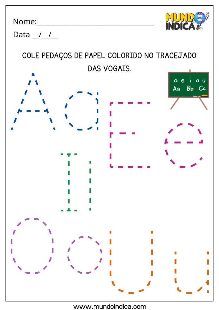 Atividade Lúdica com Colagem de Papel Colorido no Tracejado das Vogais