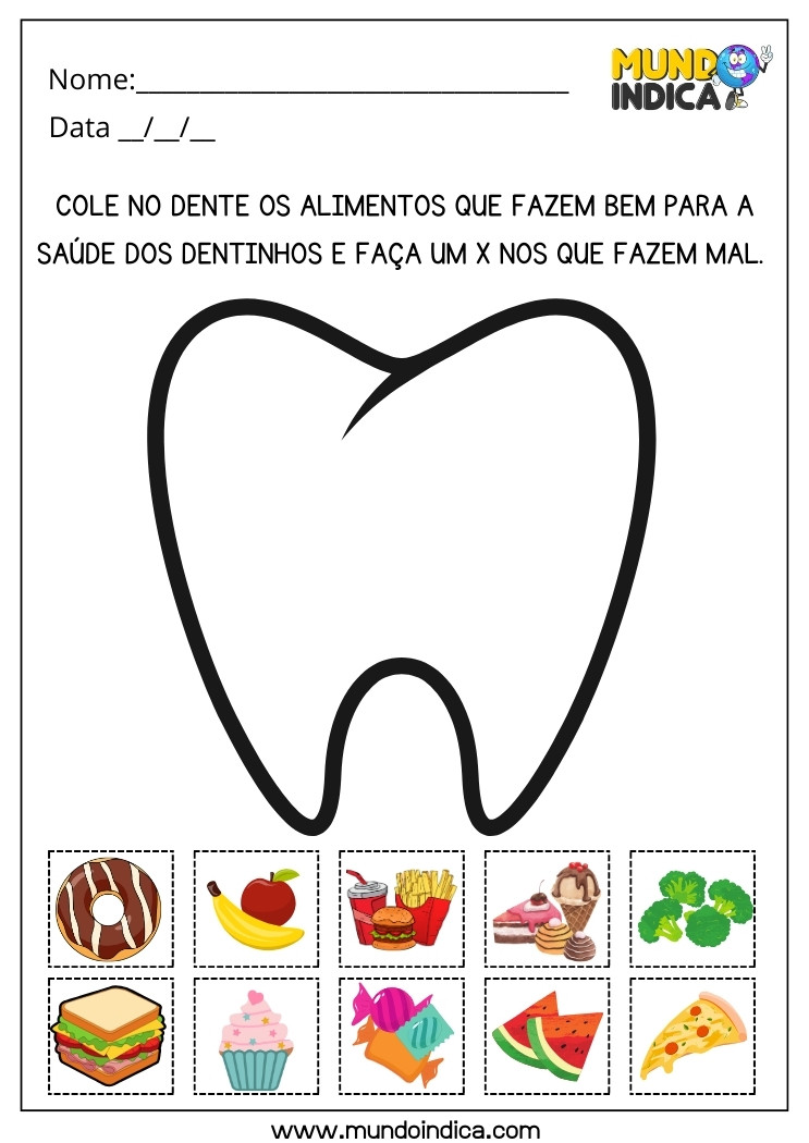 Atividade Lúdica com Colagem dos Alimentos que Fazem Bem para a Saúde dos Dentinhos