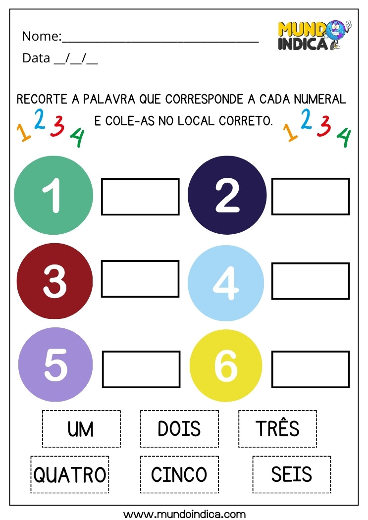 Atividade Lúdica com Recorte e Colagem dos Nomes dos Numerais nos Lugares Corretos