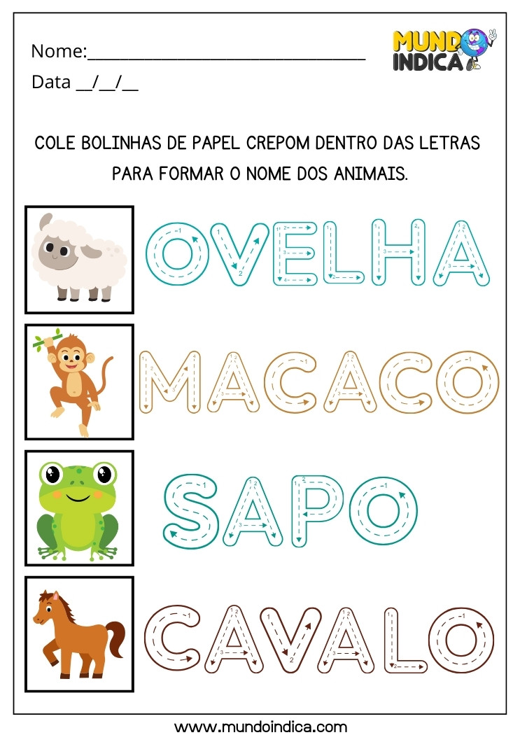 Atividade Lúdica de Alfabetização para Colar Bolinhas de Papel Crepom nas Letras para Formar o Nome dos Animais