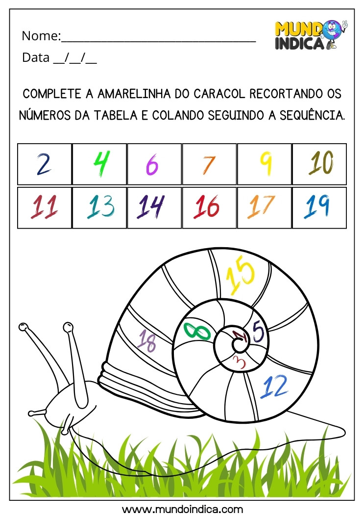 Atividade Lúdica de Matemática Complete a Amarelinha do Caracol Recortando os Números da Tabela e Colando Seguindo a Sequência