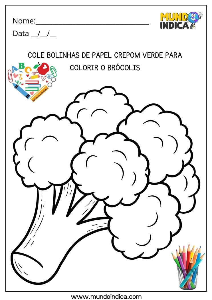 Atividade Lúdica sobre Alimentação Saúdavel Cole Bolinhas de Papel Crepom Verde para Colorir o Brócolis para Imprimir