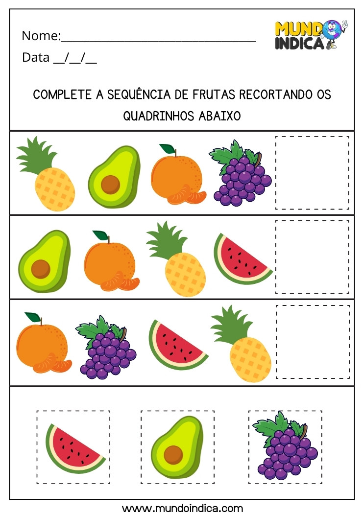 Atividade Lúdica sobre Alimentação Saúdavel Complete a Sequência de Frutas Recortando os Quadrinhos Abaixo