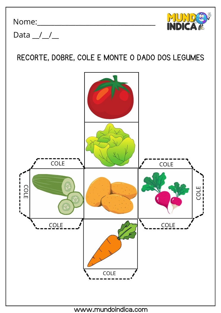 Atividade Lúdica sobre Alimentação Saúdavel Recorte, Dobre, Cole e Monte o Dado dos Legumes