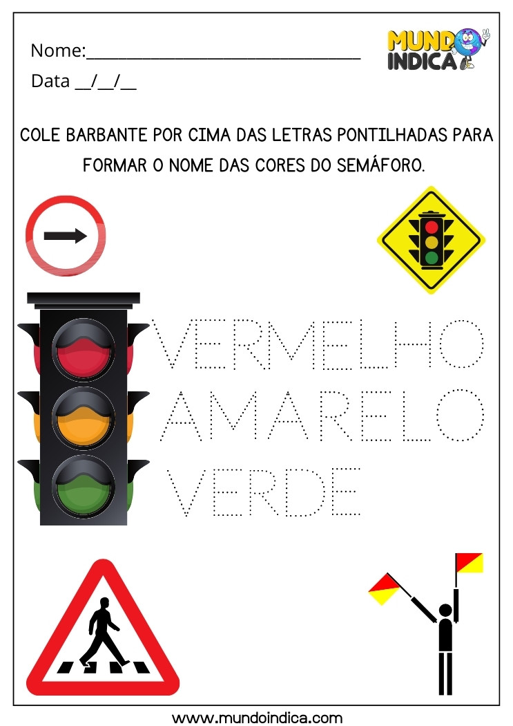 Atividade Lúdica sobre o Trânsito com Colagem de Barbante nas Letras Pontilhadas