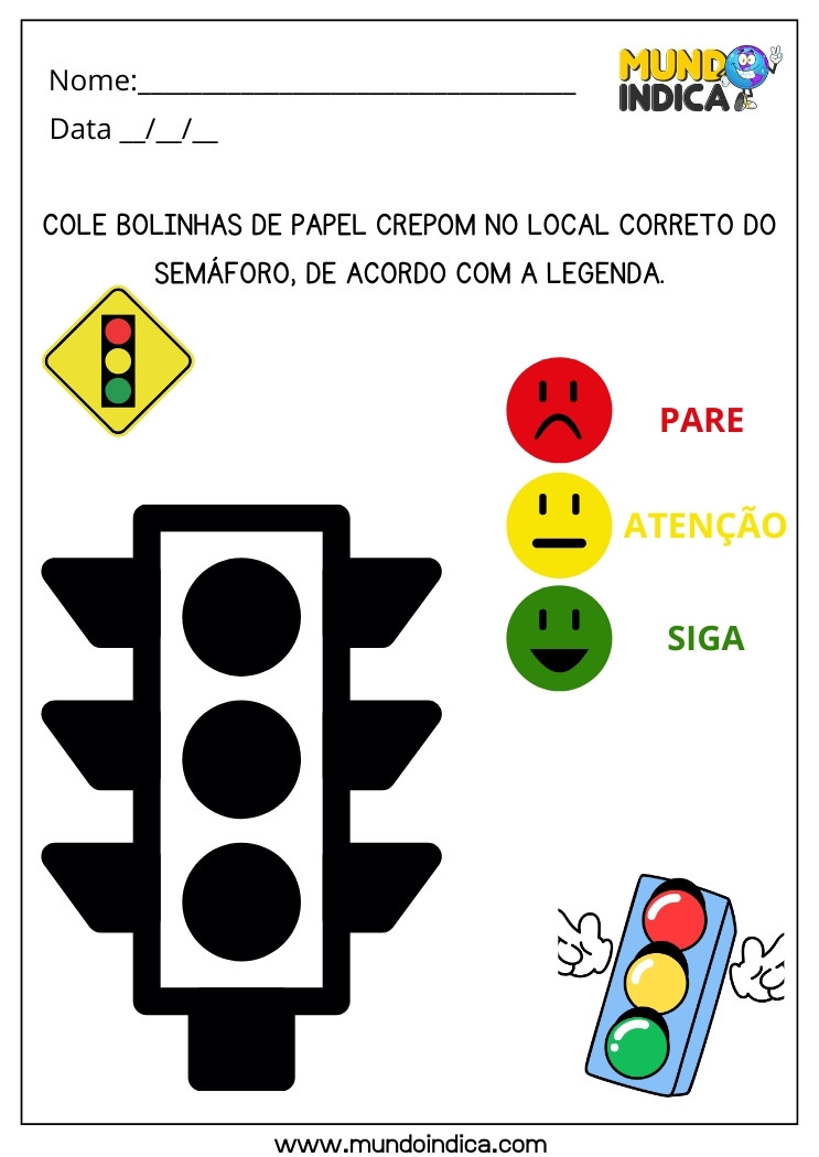 Atividade Lúdica sobre o Trânsito com Colagem de Bolinhas de Papel Crepom de Acordo com a Legenda do Semáforo