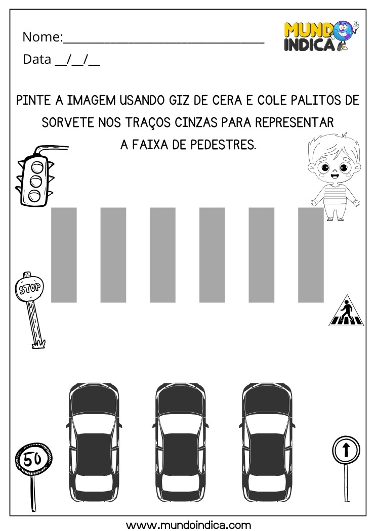 Atividade Lúdica sobre o Trânsito com Pintura usando Giz de Cera e Colagem de Palitos de Sorvete na Faixa de Pedestres