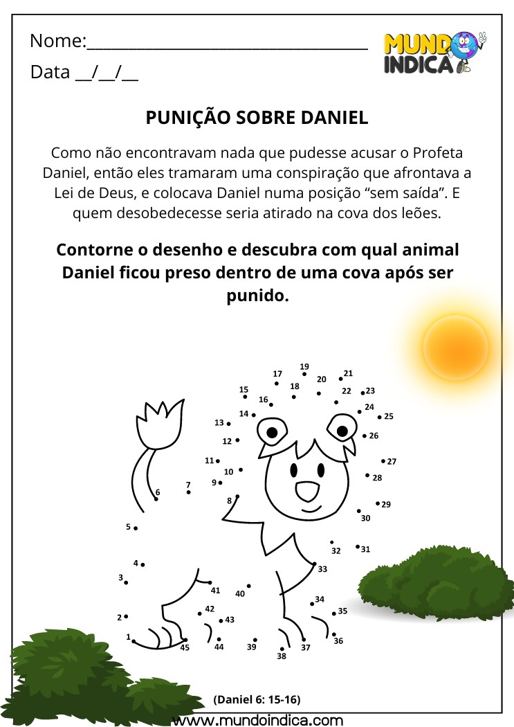 Atividade Bíblica Lúdica sobre Daniel na Cova dos Leões para Ligar os Pontos do Animal para Imprimir