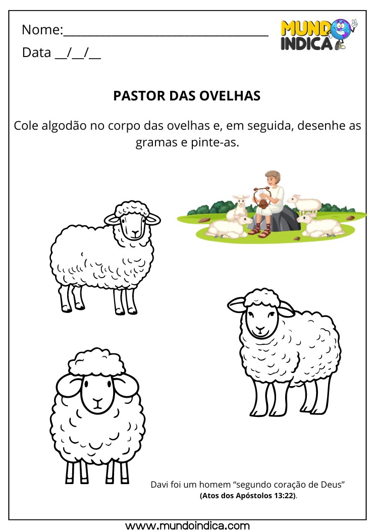 Atividade Bíblica de Colagem de Algodão nas Ovelhas do Pastor Davi, Desenho e Pintura da Grama