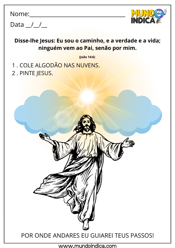 Atividade Bíblica de Colagem e Pintura de Jesus entre as Nuvens do Céu