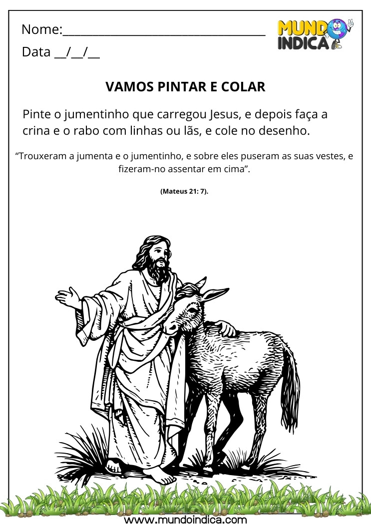 Atividade Bíblica de Colagem e Pintura do Jumentinho que Carregou Jesus