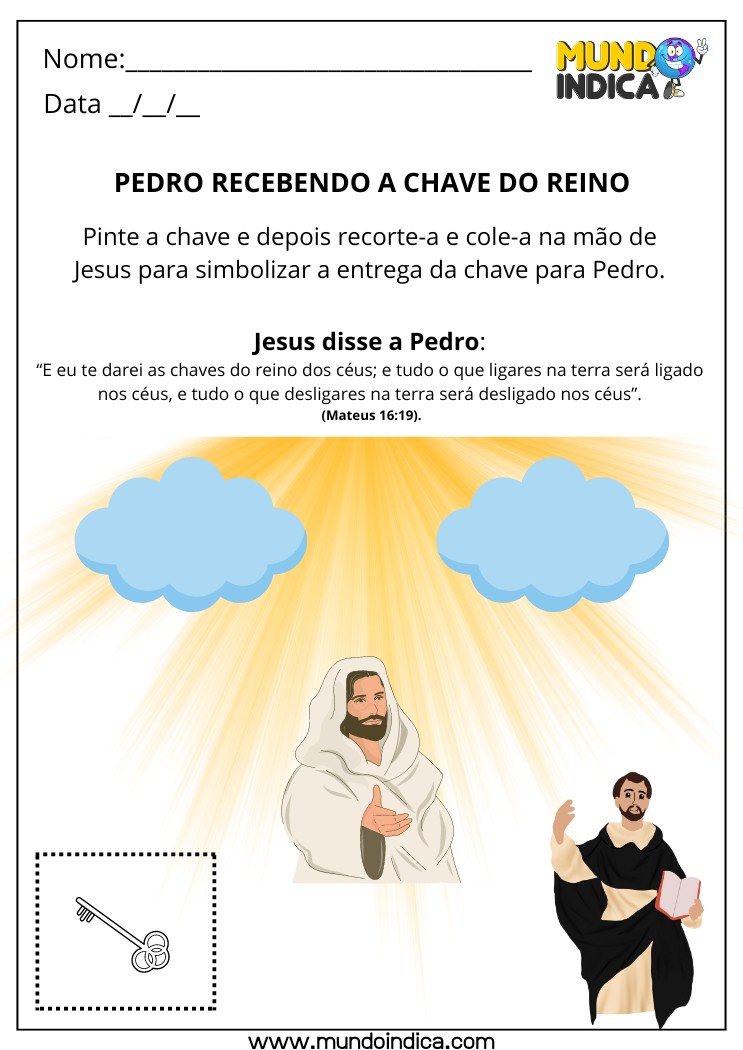 Atividade Bíblica de Recorte e Colagem da Chave que Jesus Deu a Pedro para Ligardes e Desligardes no Céu