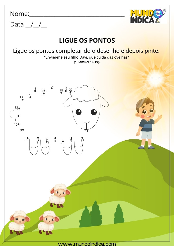 Atividade Bíblica para Maternal Ligue os Pontos para Completar o Desenho da Ovelha e Depois Pinte o Cenário de Davi