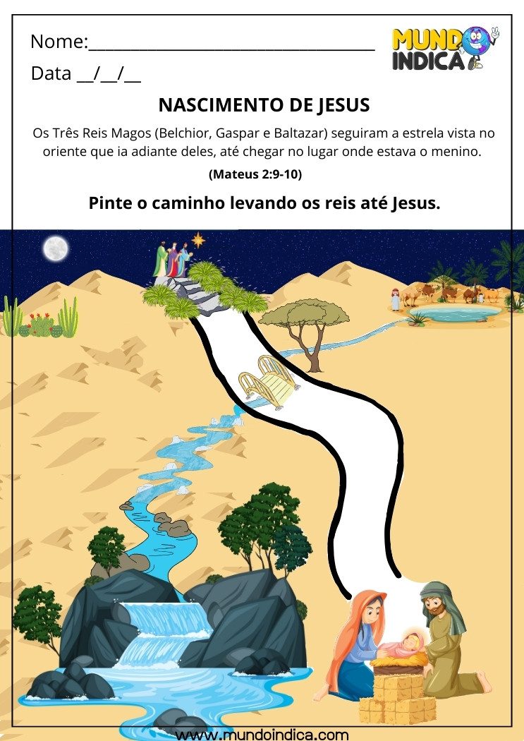 Atividade Bíblica para Maternal sobre o Nascimento de Jesus para Colorir o Caminho que Leva os Três Reis Magos até Jesus