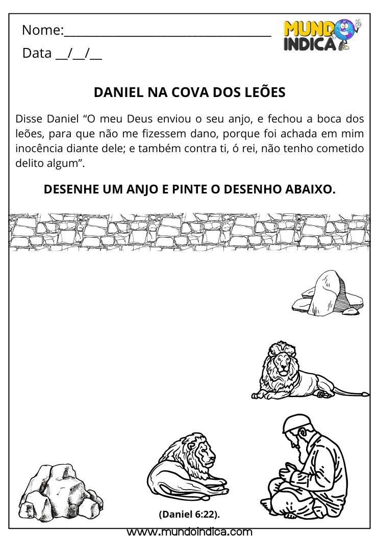 Atividade Bíblica sobre Daniel na Cova dos Leões para Desenhar um Anjo e Pintar o Cenário