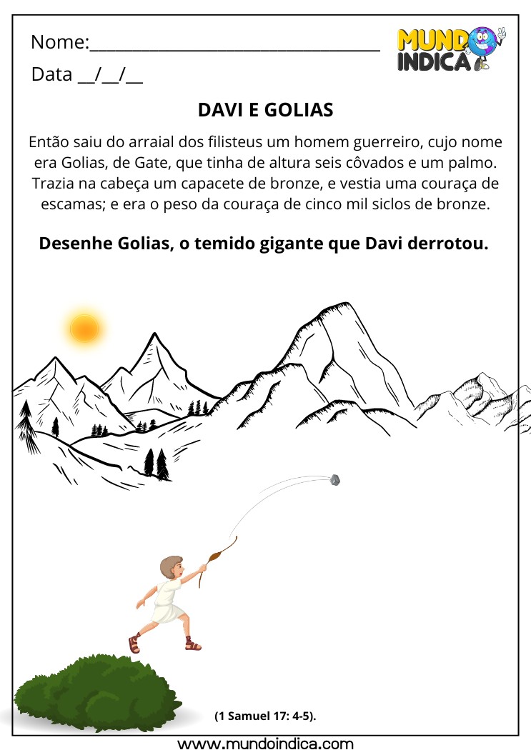 Atividade Bíblica sobre Davi e Golias para Desenhar