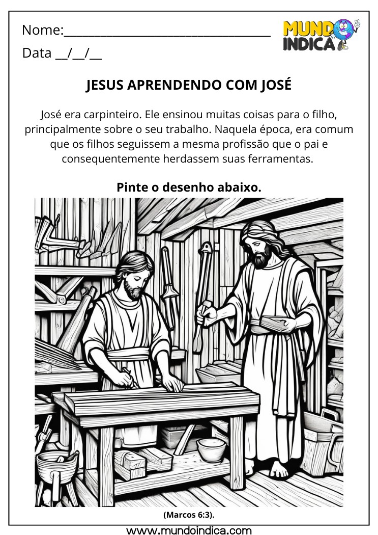 Atividade Bíblica sobre Jesus Aprendendo com José a Profissão de Carpinteiro para Colorir