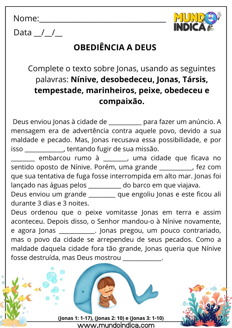 Atividade Bíblica sobre Jonas para Completar o Texto Usando as Palavras Destacadas