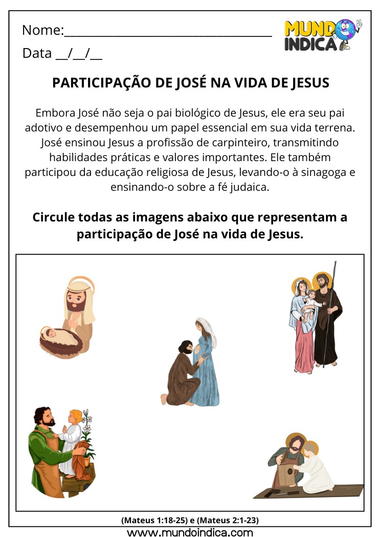 Atividade Bíblica sobre José Ensinando o Menino Jesus para Circular as Figuras que Representam a Participação de José na Vida de Jesus para Imprimir