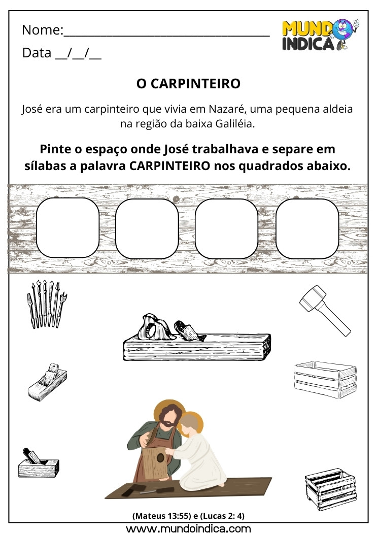 Atividade Bíblica sobre José o Carpinteiro com Pintura e Separação de Sílabas