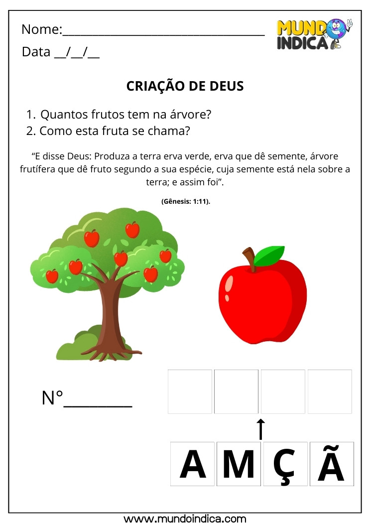 Atividade Bíblica sobre a Criação de Deus em Gênesis Árvores Frutíferas