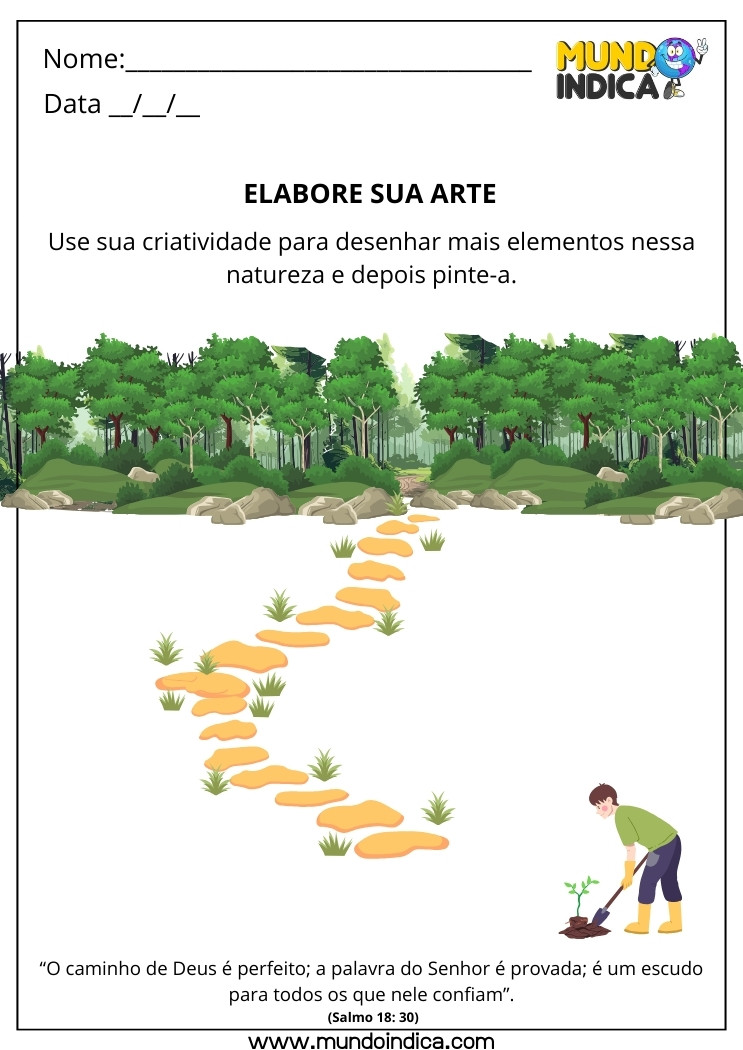 Atividade Bíblica sobre a Criação do Mundo Desenhe e Pinte mais Elementos na Natureza Caminho de Deus é Perfeito