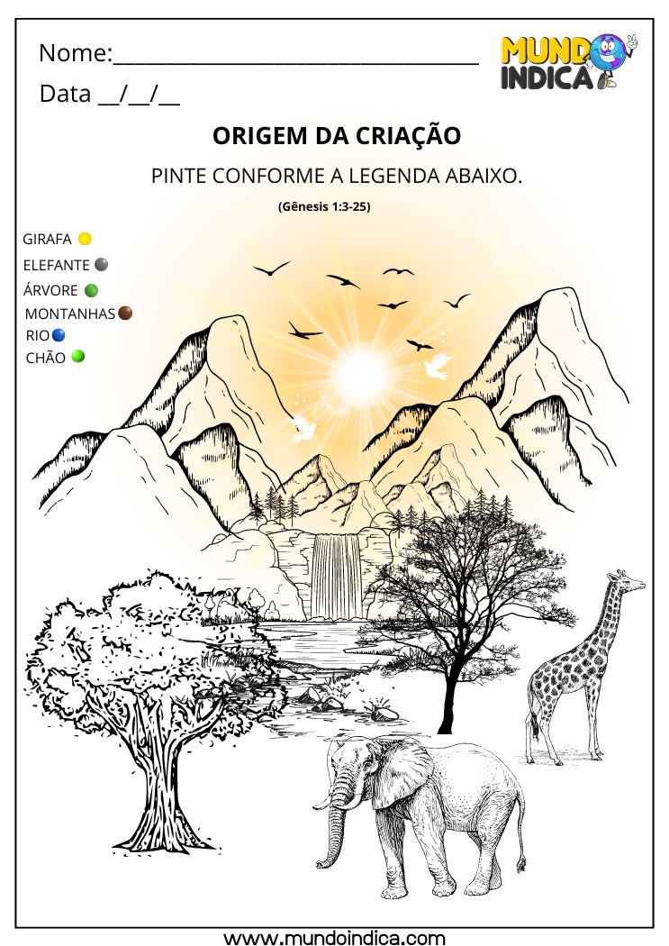 Atividade Bíblica sobre a Origem da Criação para Pintar Conforme a Legenda