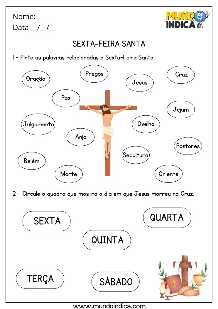 Atividade Bíblica sobre a Sexta-Feira Santa com Pintura das Palavras Relacionadas a Data