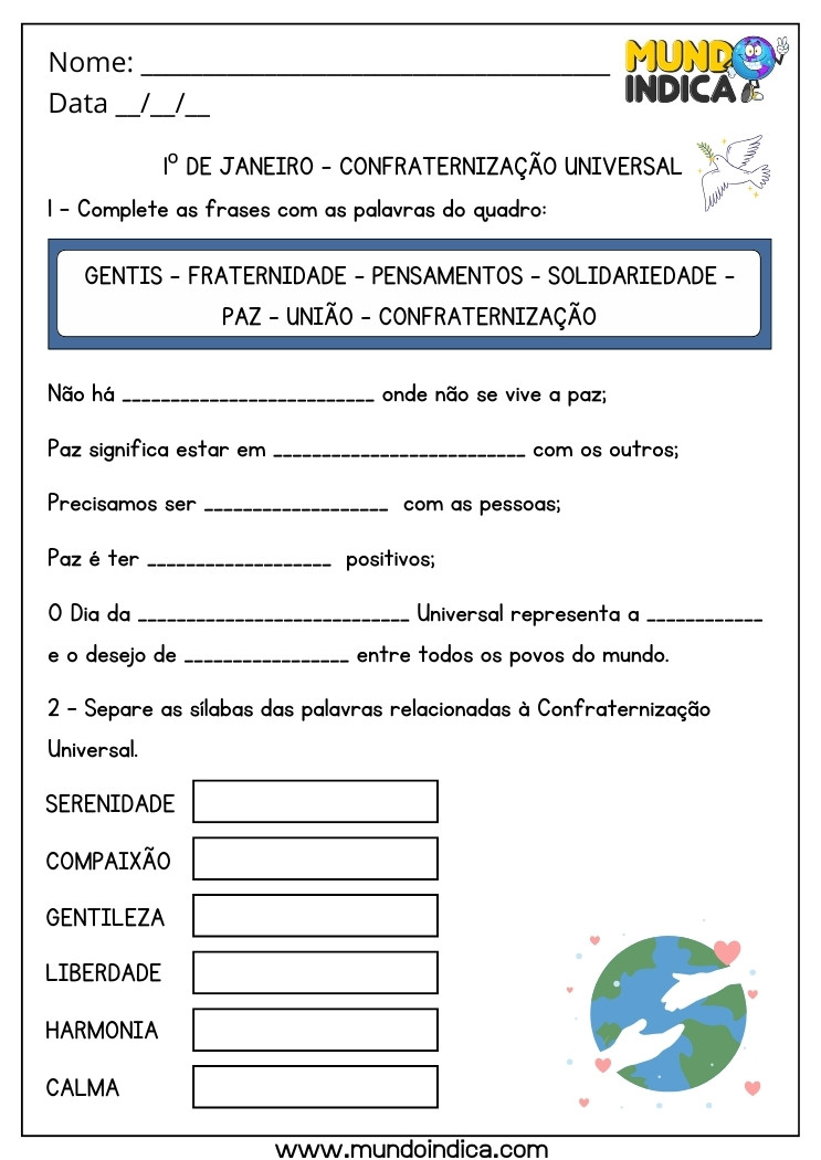 Atividade Complete as Frases e Separe as Sílabas para o Dia da Confraternização Universal para Imprimir