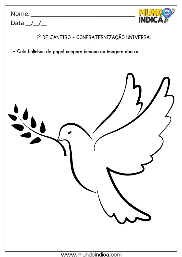 Atividade Lúdica para o Dia da Confraternização Universal Cole Bolinhas de Papel Crepom Branca na Pomba para Imprimir