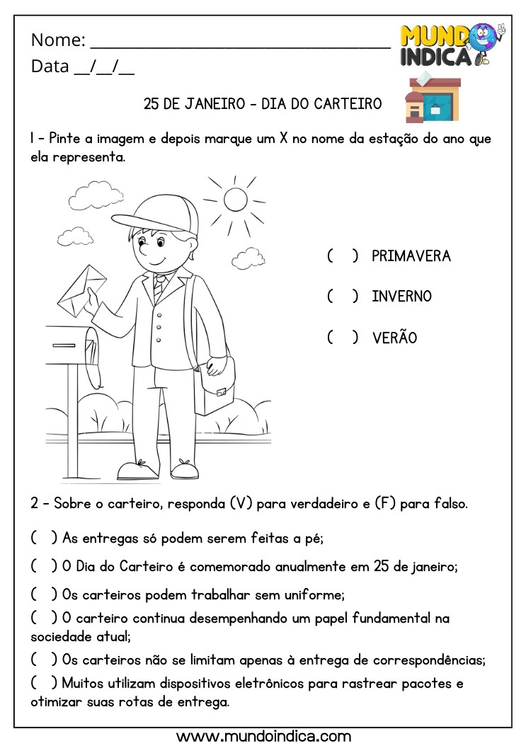 Atividade Lúdica para o Dia do Carteiro com Pintura, Estações do Ano e Verdadeiro ou Falso para Imprimir