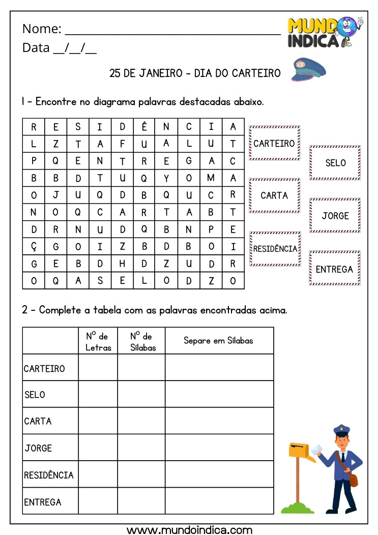 Atividade com Letras, Sílabas e Caça-Palavras para o Dia do Carteiro para Imprimir